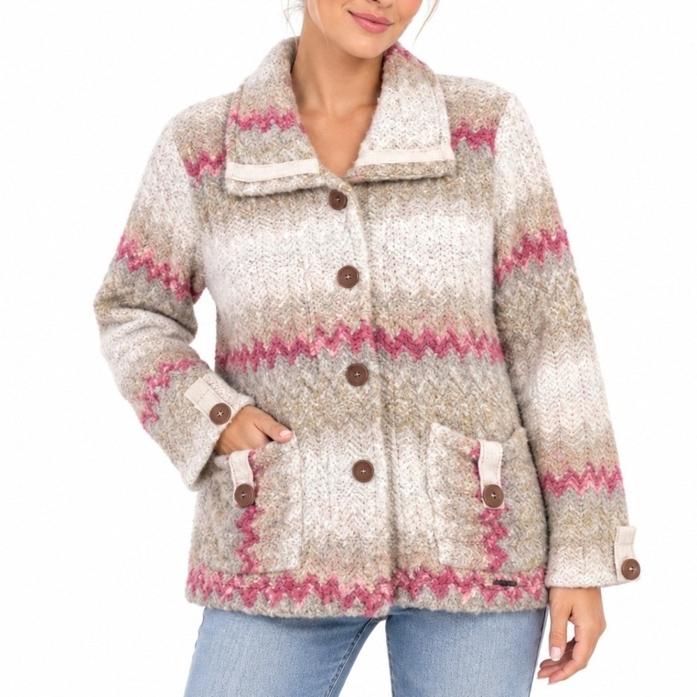 Genoa Sweaters Cardigan Women L Pink Zigzag Wool Blend Chunky Cozy Argentina